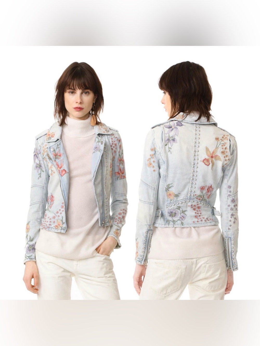 Sitting Pretty Denim Moto Jacket Light Wash Floral Embroidered - Women